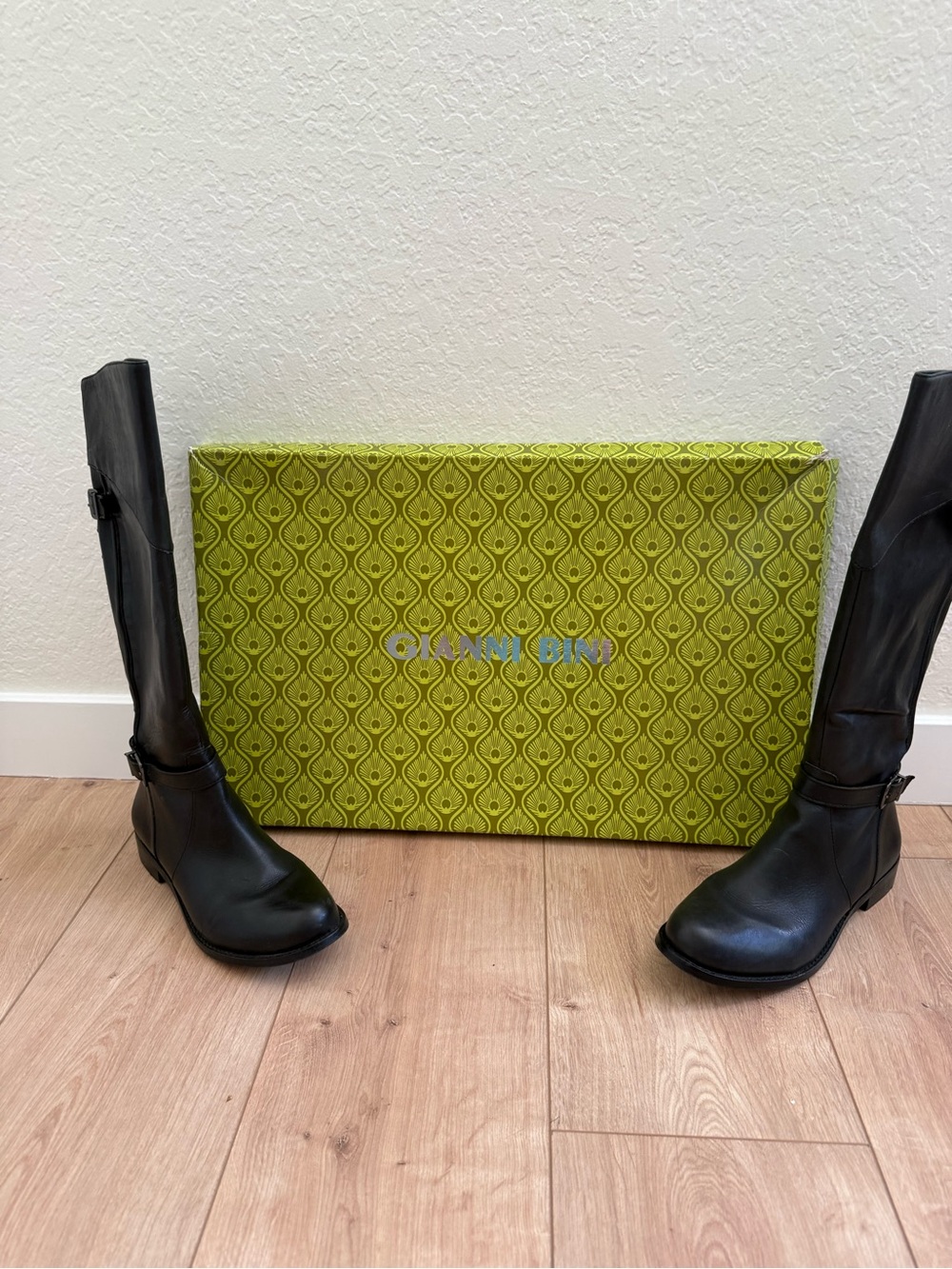 Gianni Bini Black Over-the-Knee Leather Boots with Buckle Detail
